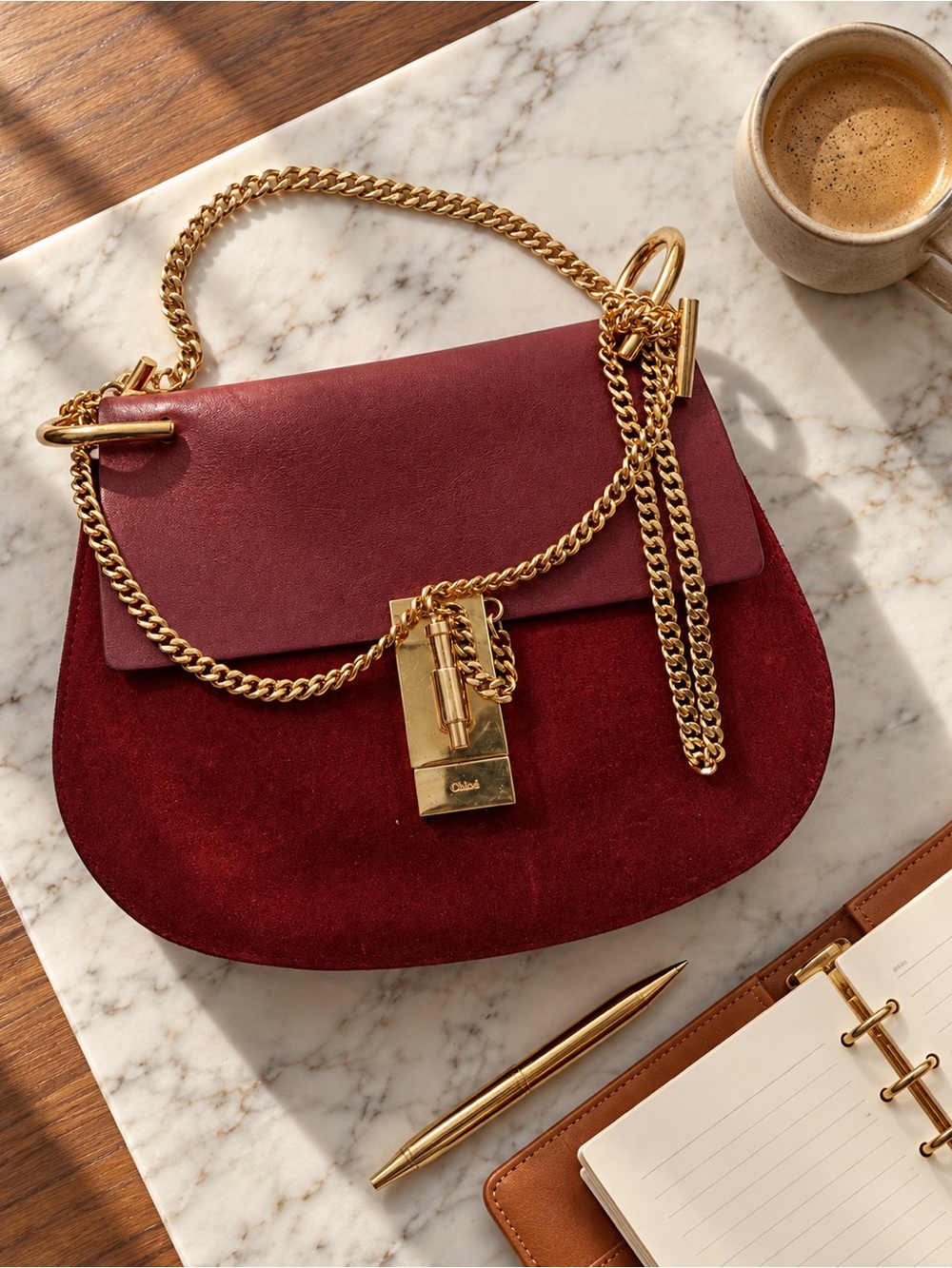 Authentic Chloé Drew Burgundy Leather & Suede Gold Chain Shoulder Bag